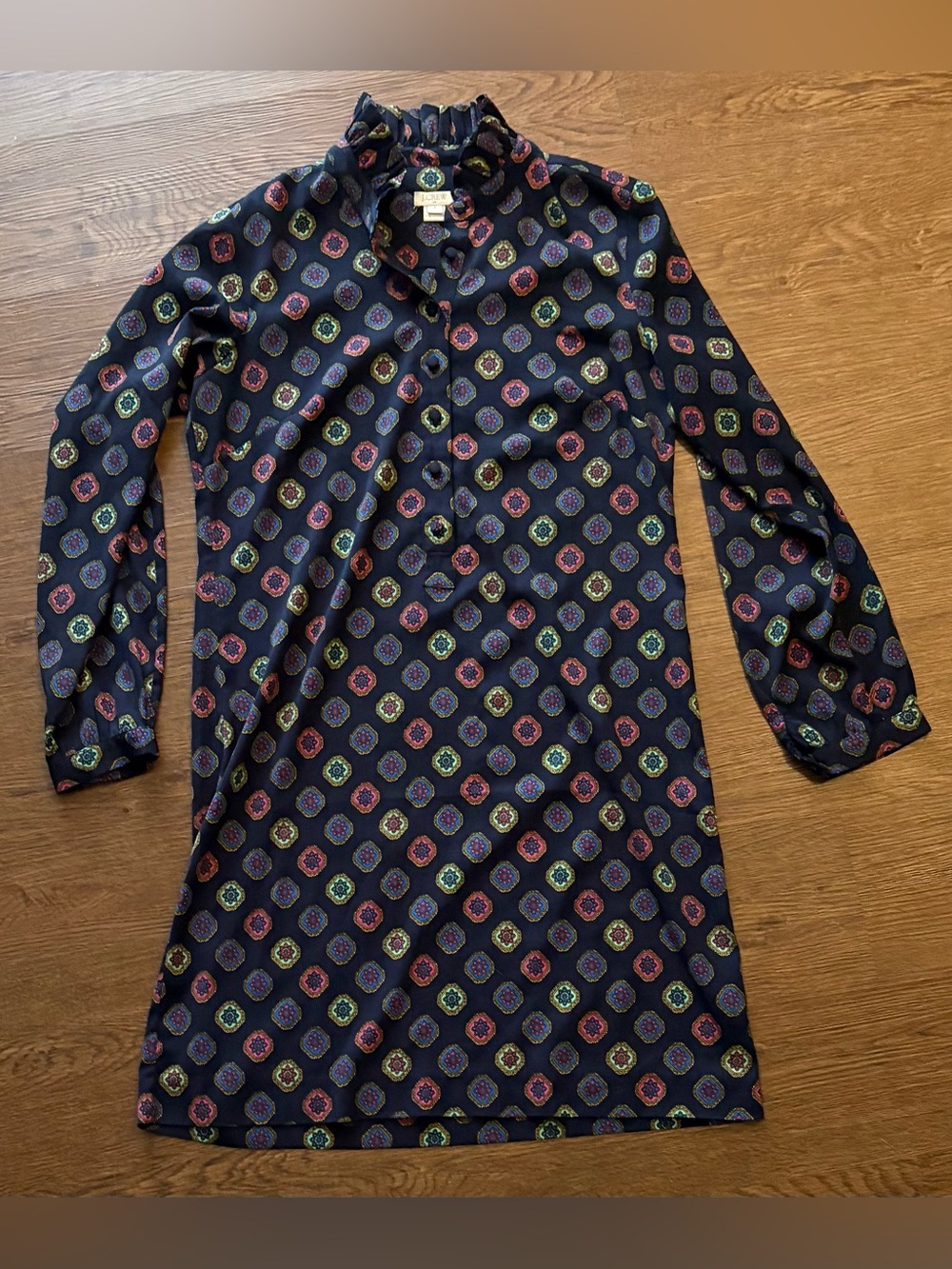 J. Crew Ruffle Neck Shift Dress Navy Blue Medallion Long Sleeve Size 2